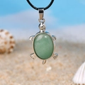 Silver turtle necklace pendant with green natural stone on black leather cord - Green Aventurine