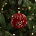 8cm dark red flocked Christmas ornament ball with gold glitter patterns and hanging string - Snowflake Christmas Ball