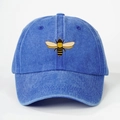 Blue washed cotton baseball cap with embroidered bee, perfect for outdoor sun protection - One Size / Royal Blue