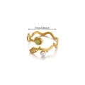 Adjustable golden wave ring with green opal, pearl and leaf motifs, 17mm inner diameter - Green Stone Branch Leaf Pearl Style / Gold