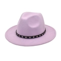 Close-up of lavender wool fedora with black leather band and silver rivet details - Taro Purple