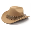 Classic western cowboy hat in camel wool felt with ethnic woven band and metal ventilation - M (56-58cm) / Camel