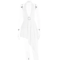 Detail shot of white halter dress featuring a central silver metal ring and asymmetric hem - S / White
