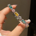 Macro detail of emerald-cut colorful zircon and pearl bracelet with silver base - 56# Bracelet - Silver - Multicolor - Rectangle