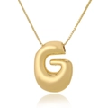 Macro shot of gold letter G necklace pendant with a polished finish on white background - G (D1013)