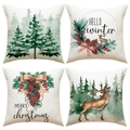 Pink reindeer and watercolor Christmas linen pillowcase set with holiday lettering - Watercolor Winter Greetings Set (YMA78) / Set of 4