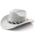 Detail of light grey faux suede cowboy hat with ethnic beaded band on white background - Light Gray