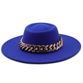 Detail of royal blue wool fedora hat featuring a chunky gold metal chain decoration - M (56-58cm) / Sapphire Blue