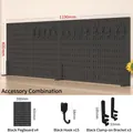 Black desk pegboard set with 4 panels, 15 hooks and desk clamps for modular wall storage - Square Board Set 3 Clamp / Black