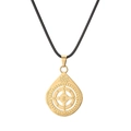 Macro detail of gold lotus drop pendant with religious engravings and black woven cord - Gold Teardrop Wax Cord Style (SSN-00295)