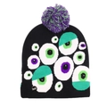 Funny Halloween LED knit beanie featuring cartoon monster eyes and purple pom-pom top - Black Monster Eyes