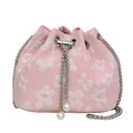 Rosa Kordelzug-Beuteltasche mit Blumenmuster, Silberkette und Perlenanhängern - Rosa