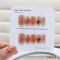 Cat eye bow press-on nails with glitter rhinestones and checkered patterns in pink - Handmade Butterfly Cat Eye Plaid Size S (FM279-S)