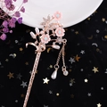 Elegant gold flower hair pin with pink blue enamel and long dangling pearl tassels - Gold Pink Blue Enamel Flower Tassel (FZ053)