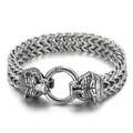 Silver stainless steel bracelet featuring double tiger heads and braided chain design - Double Tiger Head Style (KB140351-KJX)