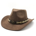 Classic dark brown suede cowboy hat featuring a western bull head emblem and woven band - M (56-59cm) / Brown Faux Suede