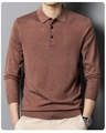 Detail of reddish-brown men's polo knit sweater featuring a three-button placket and fine texture - M / Tops / Chestnut