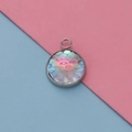 Detail view of 12mm round DIY jewelry pendant with colorful resin fish scale pattern - Iridescent Blue Purple (1)