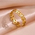 Gold adjustable stainless steel open ring featuring a delicate leaf and wheat ear pattern - Gold