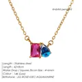 14k vergoldete Herz Halskette mit rechteckigem rosa und blauem Zirkon Anhänger - Juli Rosenrotes Quadrat Seeblauer Tropfen