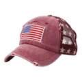 Vintage red mesh baseball cap with embroidered US flag and distressed stars design - Burgundy