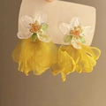 Macro view of 3D yellow chiffon petal earrings with resin flower and green leaf details - 31# Silver Earring Post-Yellow