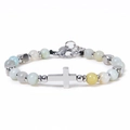Beaded stainless steel bracelet with cross pendant and multi-colored natural stones - Amazonite-B