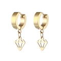 Detailed macro view of gold hollow diamond-shaped pendants on stainless steel hoop earrings - Ear Buckle / Gold