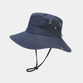 Detail of dark blue outdoor hiking hat featuring metal air vents and reinforced stitching - Navy Blue