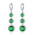 Silver drop earrings with three round green zircon stones and micro-pave diamond halo - Earrings / Green