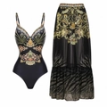 Detail of baroque print two-piece swimsuit with luxury gold patterns and sheer maxi skirt - Y29 Black Set