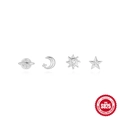 Minimalistisches S925 Sterling Silber Ohrstecker-Set mit Stern-, Mond- und Planetenmotiv - Stern Mond Sonne Planet Stil / Silber