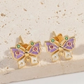 Elegant gold butterfly stud earrings with purple enamel and colorful zircons on stone - Purple Butterfly