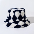 Detailed texture of thick plush lamb wool fabric on a checkered bucket hat pattern - M (56-58cm) / Navy Blue