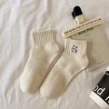 Off-white cotton crew socks featuring cute panda embroidery and ribbed cuff design - Back Panda-Beige