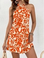 Mouwloze halter mini-jurk met oranje en witte bladeren print voor de zomer - S / Oranjerood