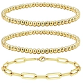 Three-piece 18K gold plated beaded and paperclip chain bracelet set for women layering - 2pcs 4mm + 1pc Paperclip Chain / Gold (Set of 3)