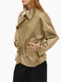 Detail of khaki short trench coat featuring double-breasted buttons and waist belt - XS / Khaki