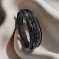 Mehrlagiges schwarzes geflochtenes Lederarmband für Herren mit Notenschlüssel-Anhänger - Schwarz