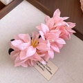 Close-up of elegant pink fabric flower hair clip with realistic water droplets - Pink Fabric Dewdrop Flower Hair Clip (73#) / Pink