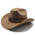 Dettaglio di cappello cowboy in pelle scamosciata marrone con fascia ricamata e pietra - M (56-58cm) / Cachi chiaro