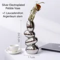 Modern electroplated silver pebble ceramic vase with a high-gloss metallic finish - Electroplated Silver Egg Vase + 1pc Banksia