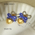 Purple bow and golden heart stainless steel earrings in size 1.9cm x 2.2cm - Blue