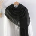Black crinkled cotton linen scarf with fringed edges for women casual styling - Black