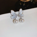Elegant butterfly drop earrings with white pearls and silver accents in a stylish design - 18# Half Butterfly Crystal Zircon Pearl Earrings
