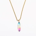Macro view of crystal prism pendant with gold wire wrap on bohemian twist chain - Rainbow Gradient