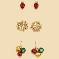 Festive Christmas earring set with red heart studs, gold bows and colorful bell drops - 3 Pairs/Set Christmas Bell Fireworks Gem