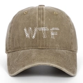 Close-up of white WTF embroidery on a vintage washed khaki cotton baseball cap - One Size / Khaki
