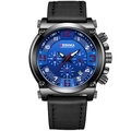 Montre chronographe homme avec cadran bleu et bracelet en cuir noir boîtier en métal - Bracelet Noir Boîtier Noir Cadran Bleu