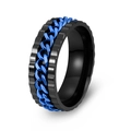 Men's black titanium steel spinner ring with a blue Cuban chain inlay and punk design - Black Ring + Blue Chain